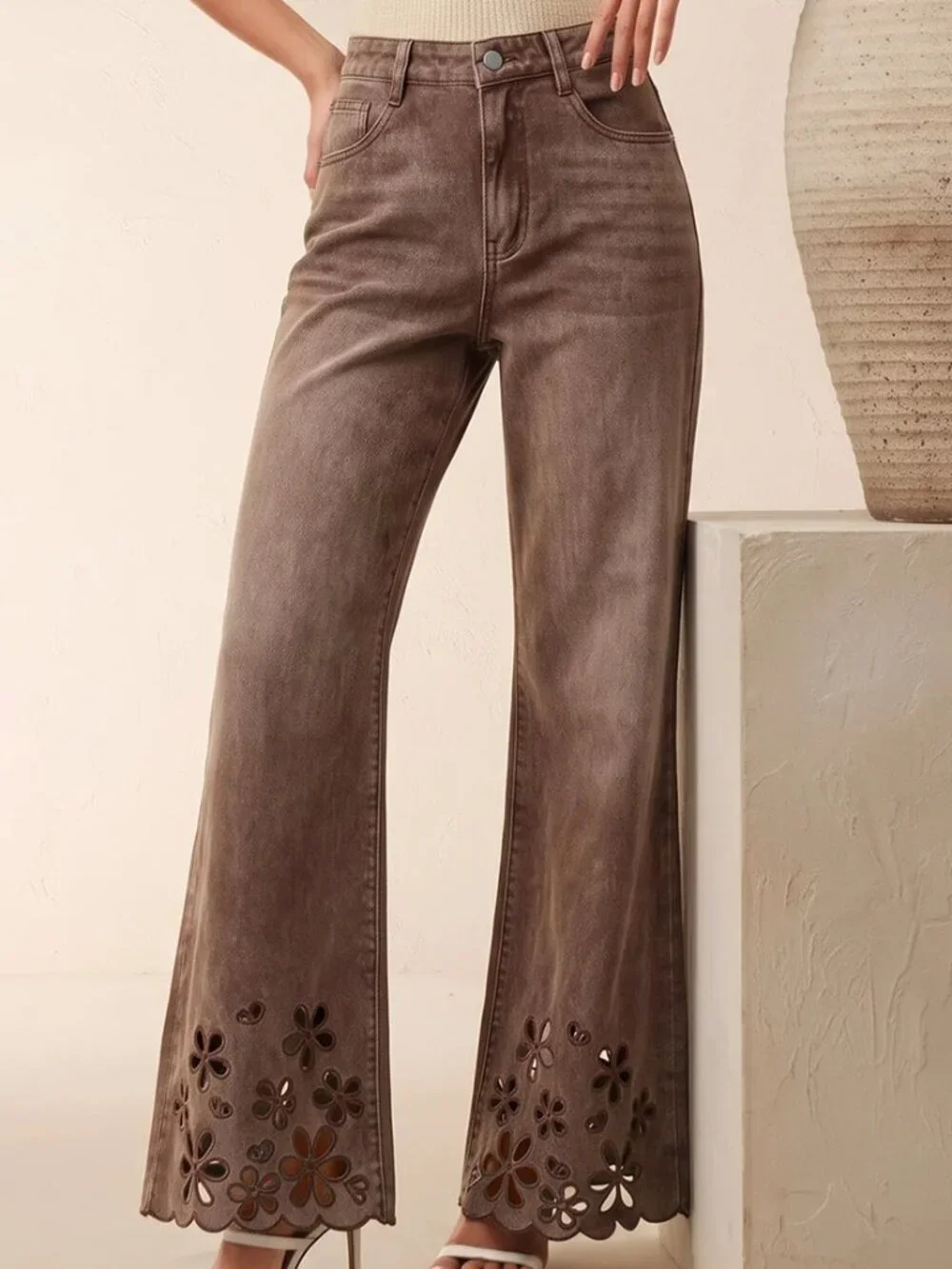 Coffee Brown Casual Women's Embroidered Hollow Out Pocket Design Flare Jeans